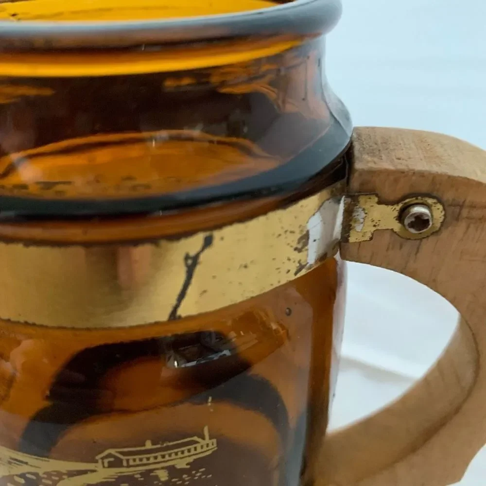 Vintage Texas Gulf Coast Souvenir Brown Glass Mug Wood Handle